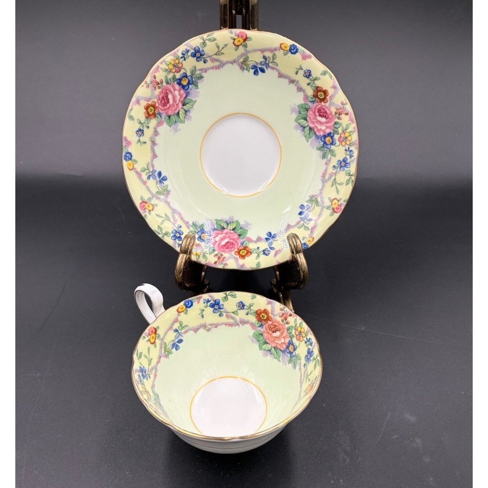 Vintage Aynsley Teacup Saucer Pink  Rose Vine  Mixed Floral Cup Victorian Gold